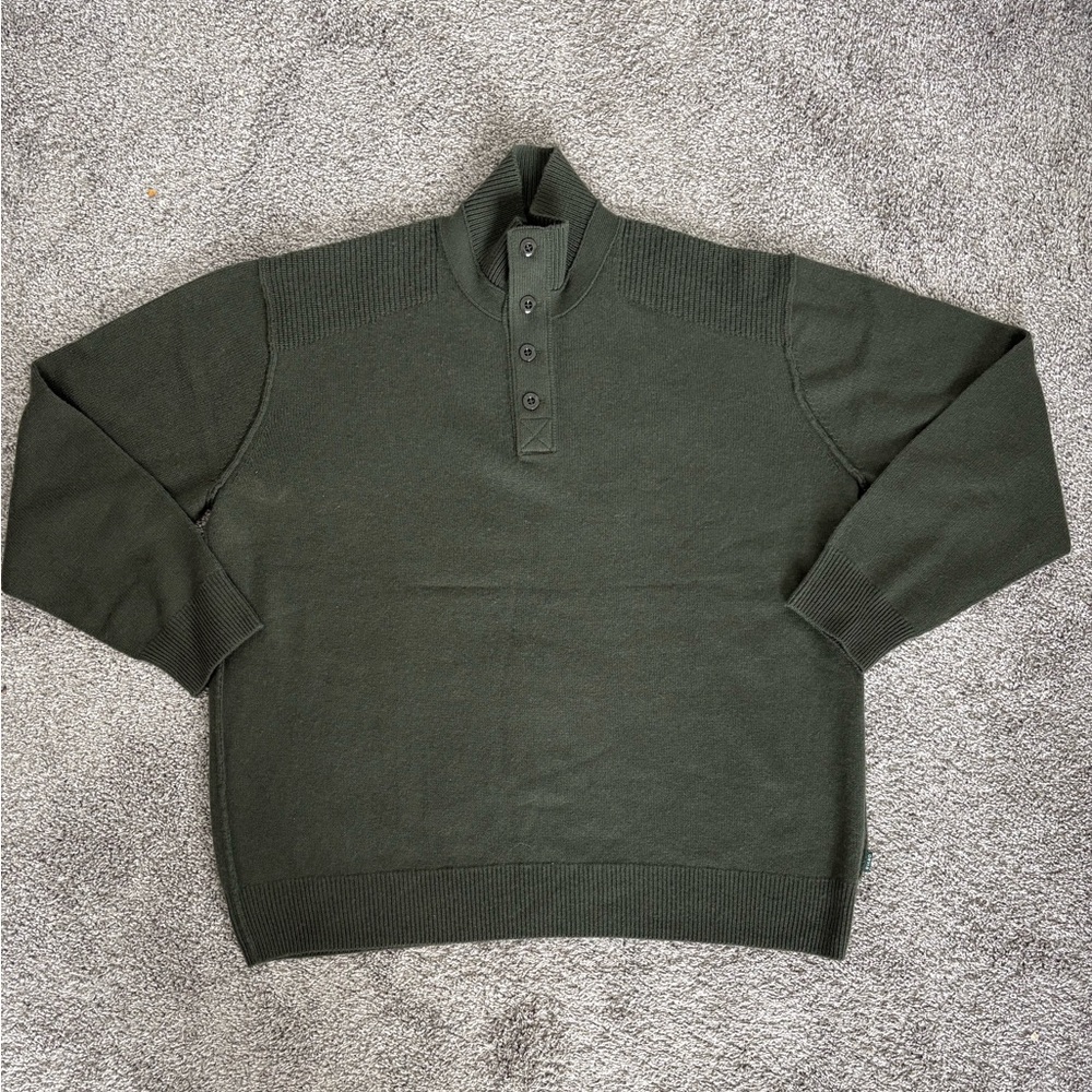 Orvis Pullover Wool Cashmere Green Henley Quarter Button Mock Neck Sweater XXL